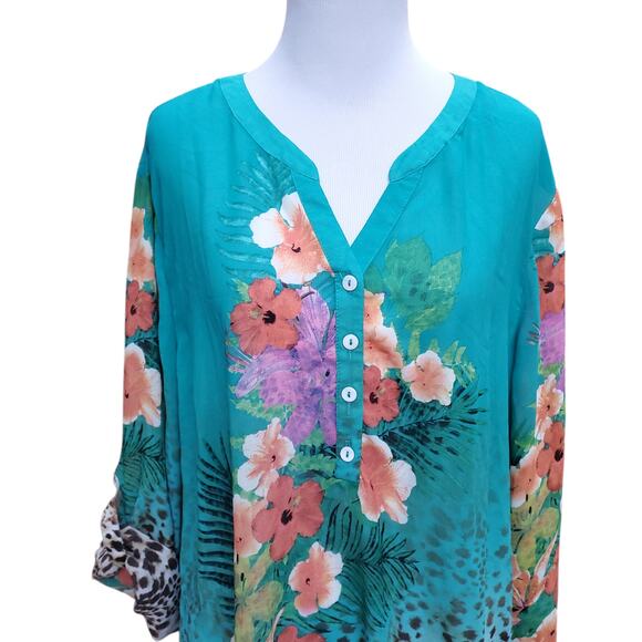 Soft Surroundings Teal Blue Green Printed Floral Top Roll Tab Sleeves Sz 1X - Picture 2 of 12
